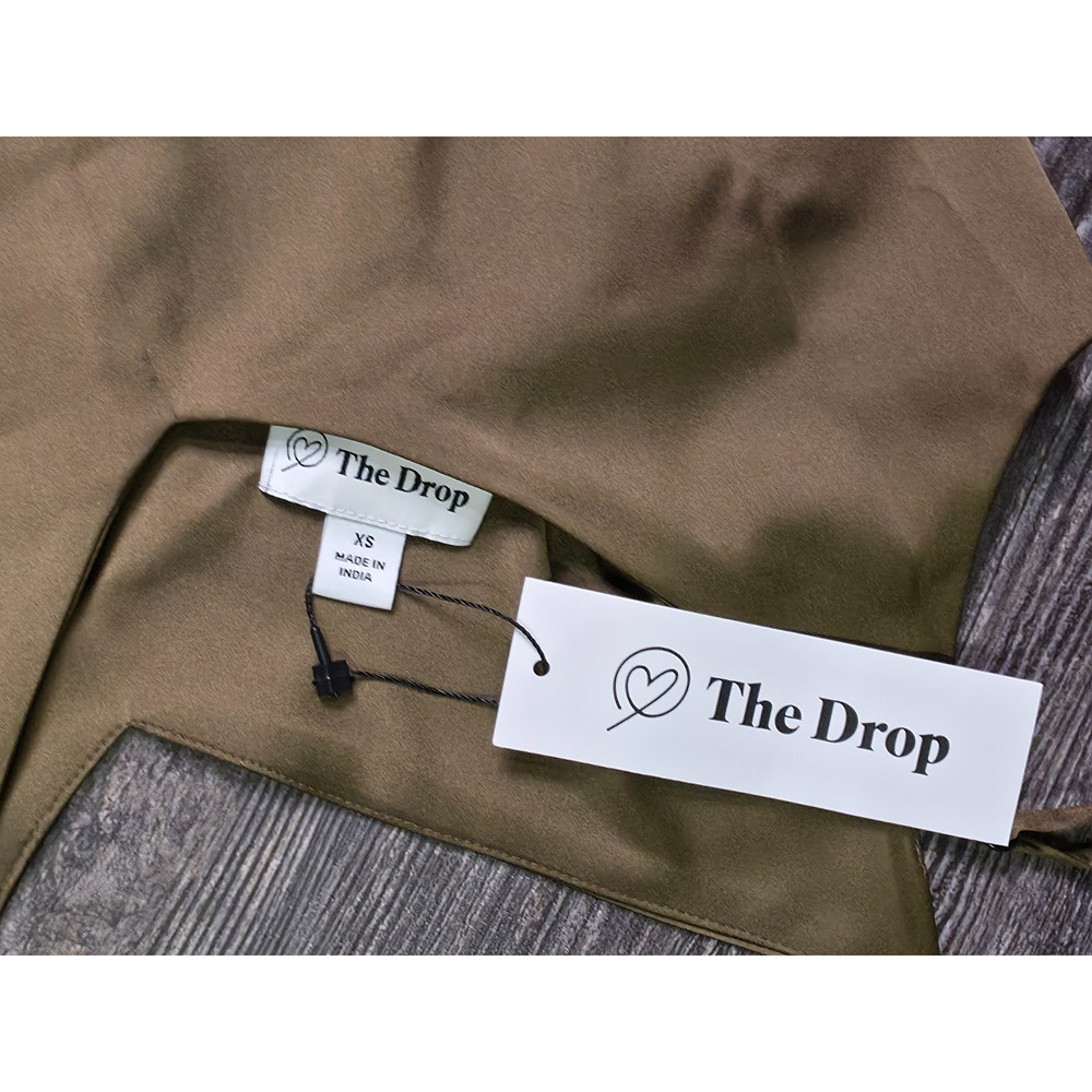 The Drop Ana Slip Dress Dark Olive Green Womens XS NWT V-Neck Side Slit Satin - Picture 8 of 10